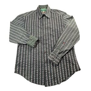 Robert Graham Men's Medium Flip Cuff Shirt Green White Striped‎ LS Button Front